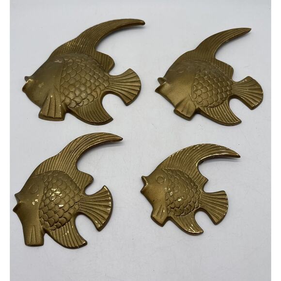Vtg Brass Angel Fish Wall Hanging Decor Set Of 4 Nautical Sea Life MCM Patina - Picture 2 of 8